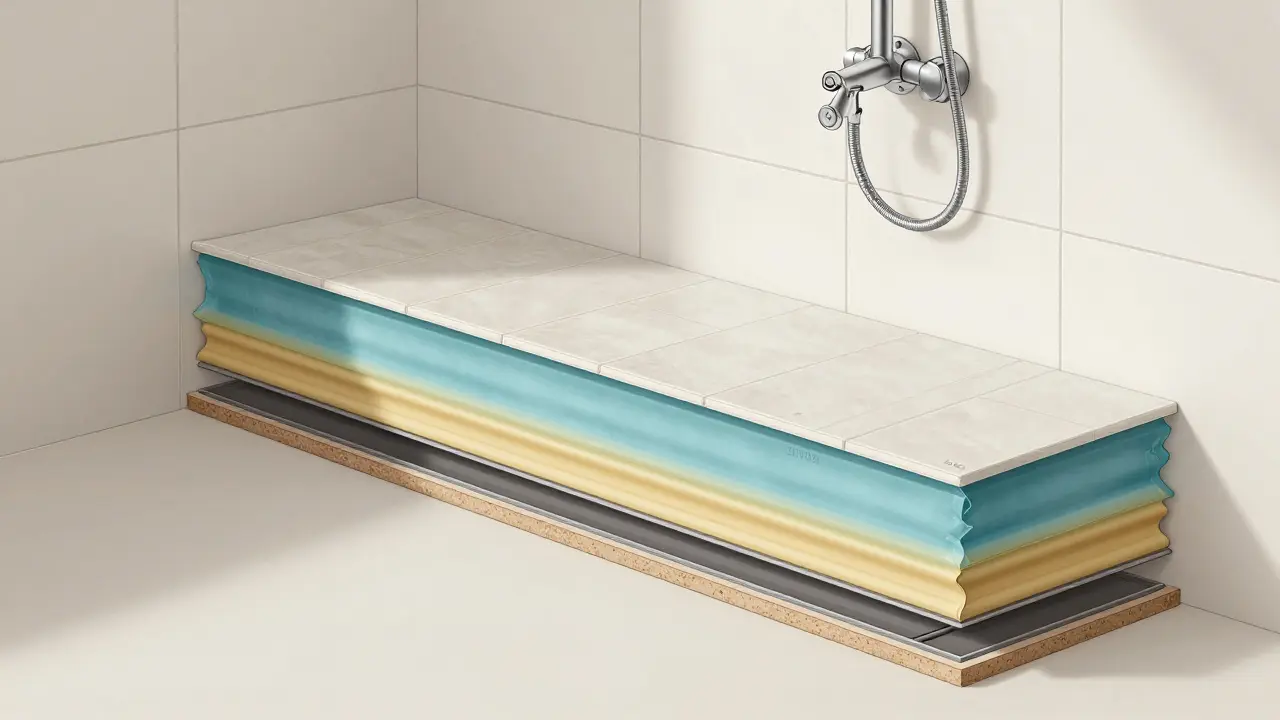 Technische Schnittansicht einer DIN 18534-konformen Dusche mit Abdichtungsschicht, Neigung und Drainage unter den Fliesen.