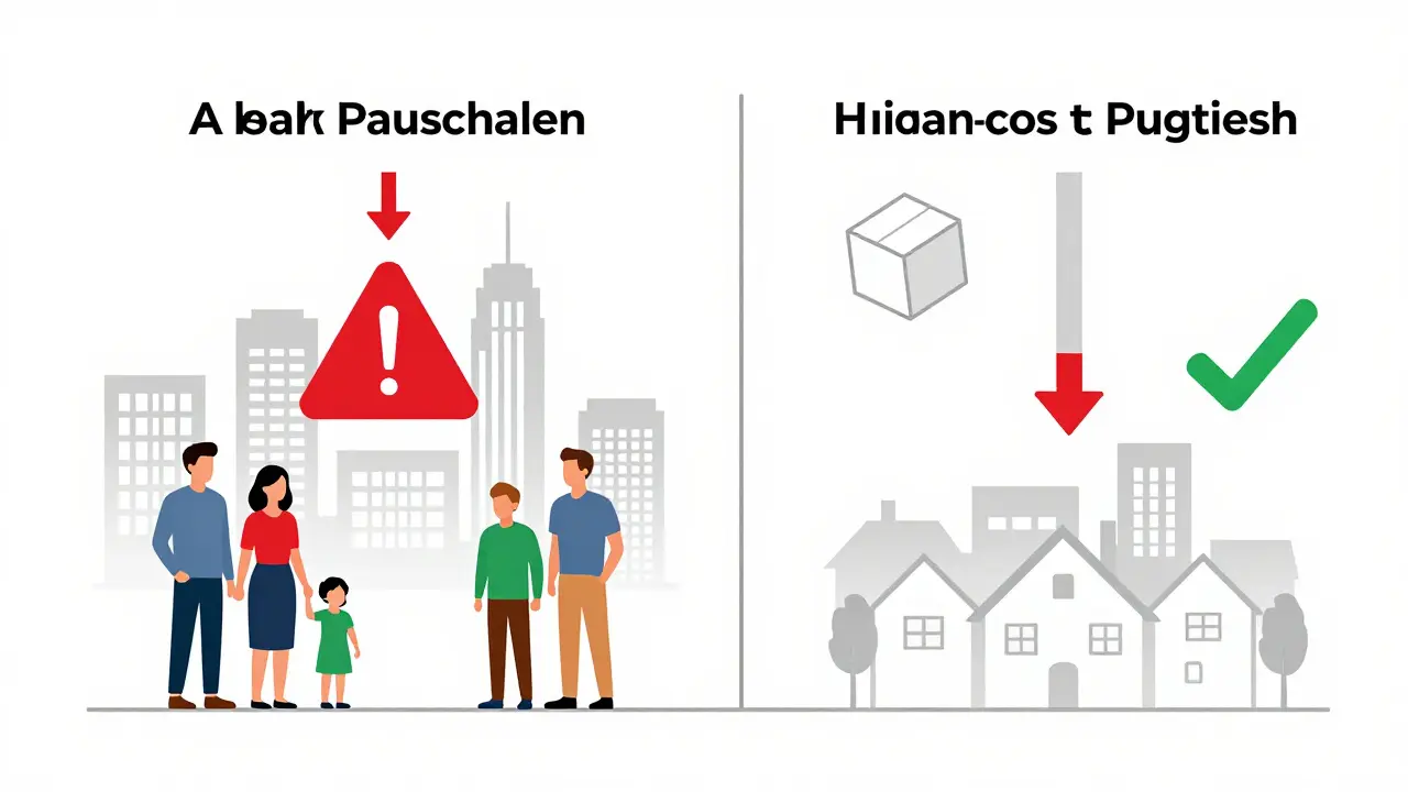 Vergleich zweier Familien: hohe Lebenshaltungskosten in der Stadt vs. niedrige in ländlicher Gegend.