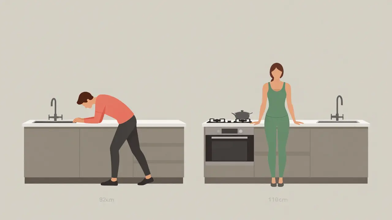 Vergleich zweier Küchen: eine mit schmerzhafter Haltung, eine mit ergonomischer Haltung.