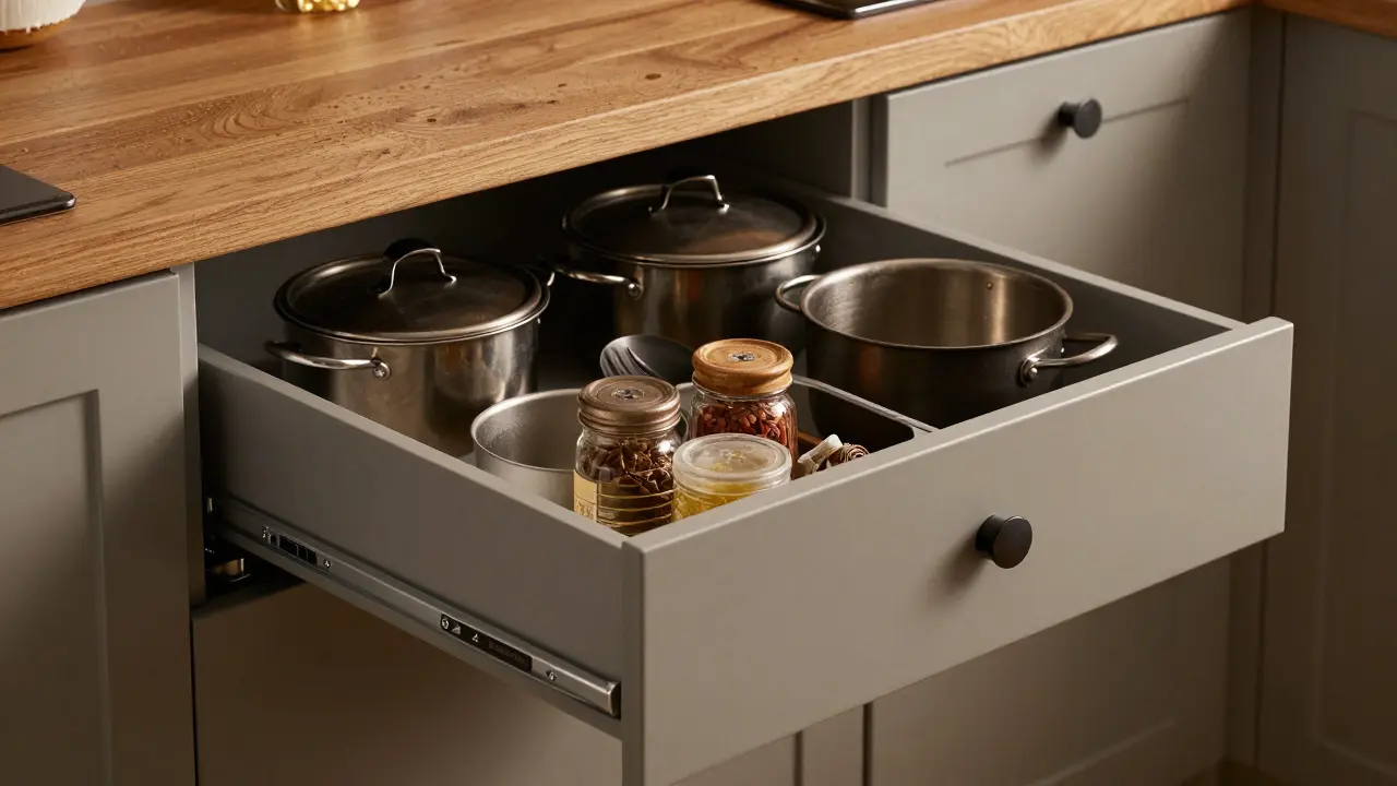 Vollständig ausgezogene Teleskop-Schublade mit Kochutensilien, mechanisches System sichtbar.