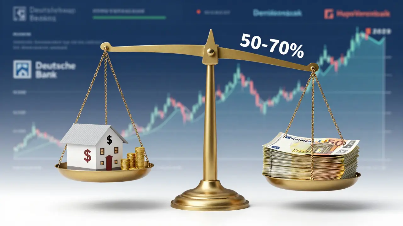 Waage mit Immobilie und Dollar-Symbolen gegen Euro-Bündel, belastet von Absicherungs-Ketten, mit 50-70%-Pfeil in der Mitte.