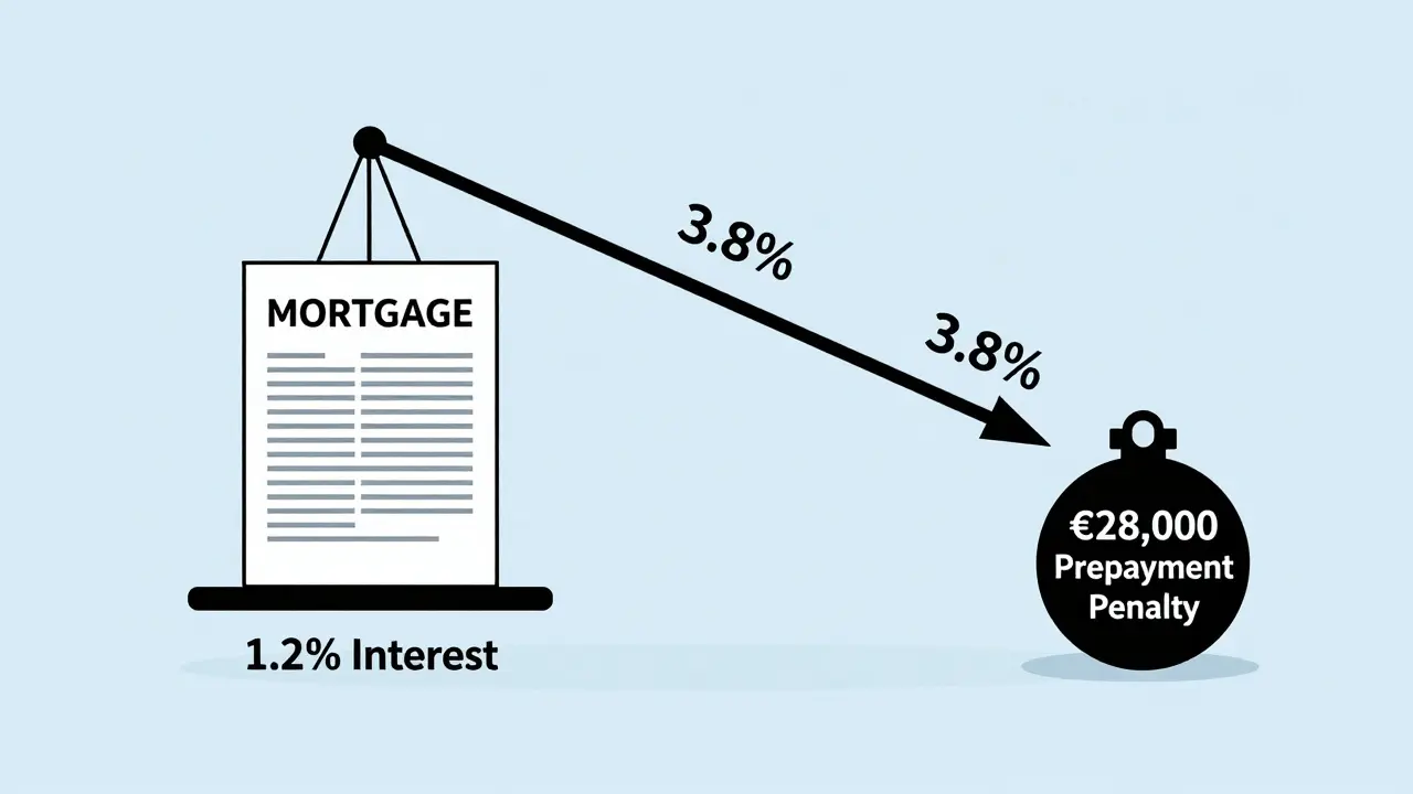 Waage mit Zinsvergleich: 1,2% vs. 3,8% mit Vorfälligkeitsentschädigung