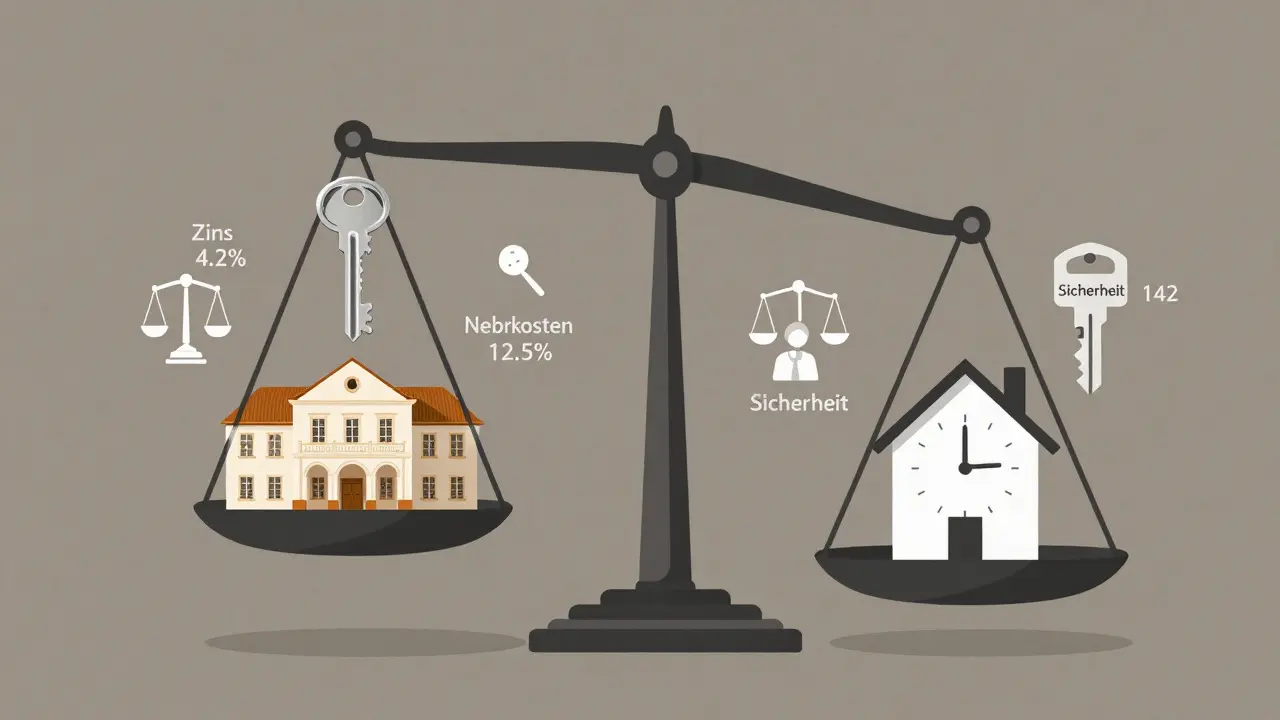 Waage vergleicht Kosten einer Auslandsimmobilie mit deutscher Sicherheit und langen Bearbeitungszeiten.