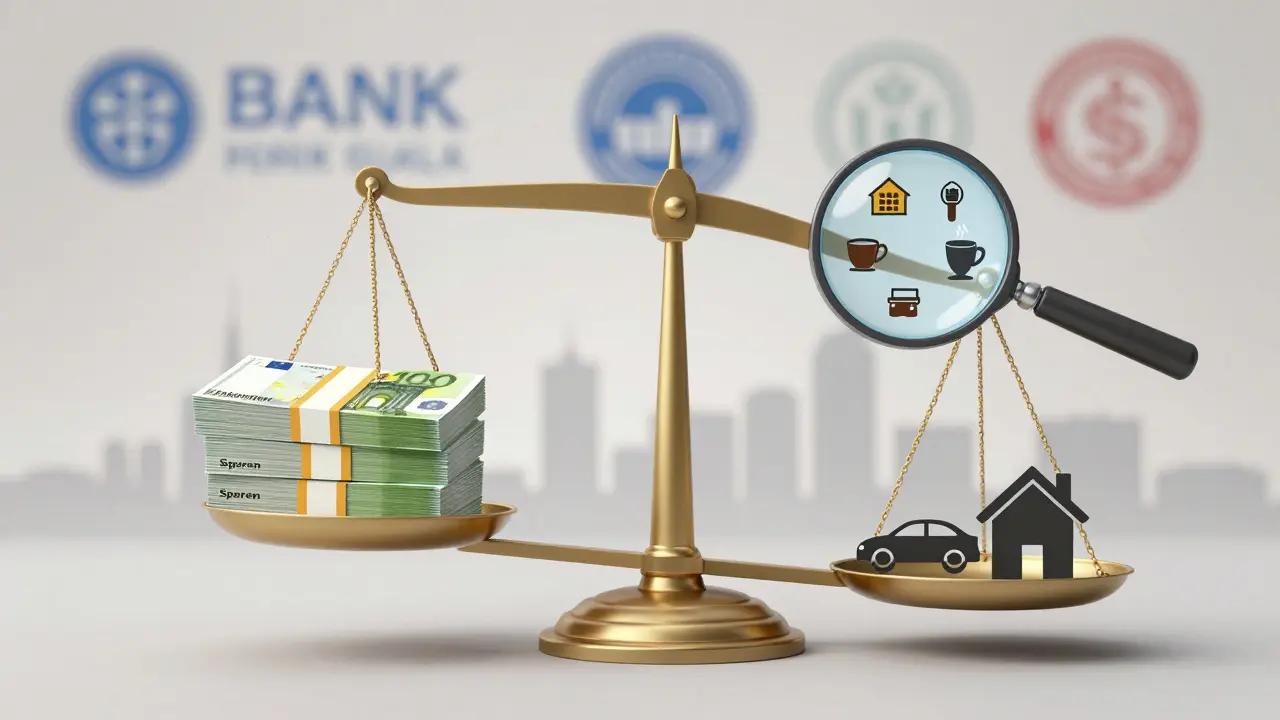 Waage zeigt Einkommen gegen Lebenshaltungskosten ab, mit Symbolen für Miete, Essen und Versicherungen.