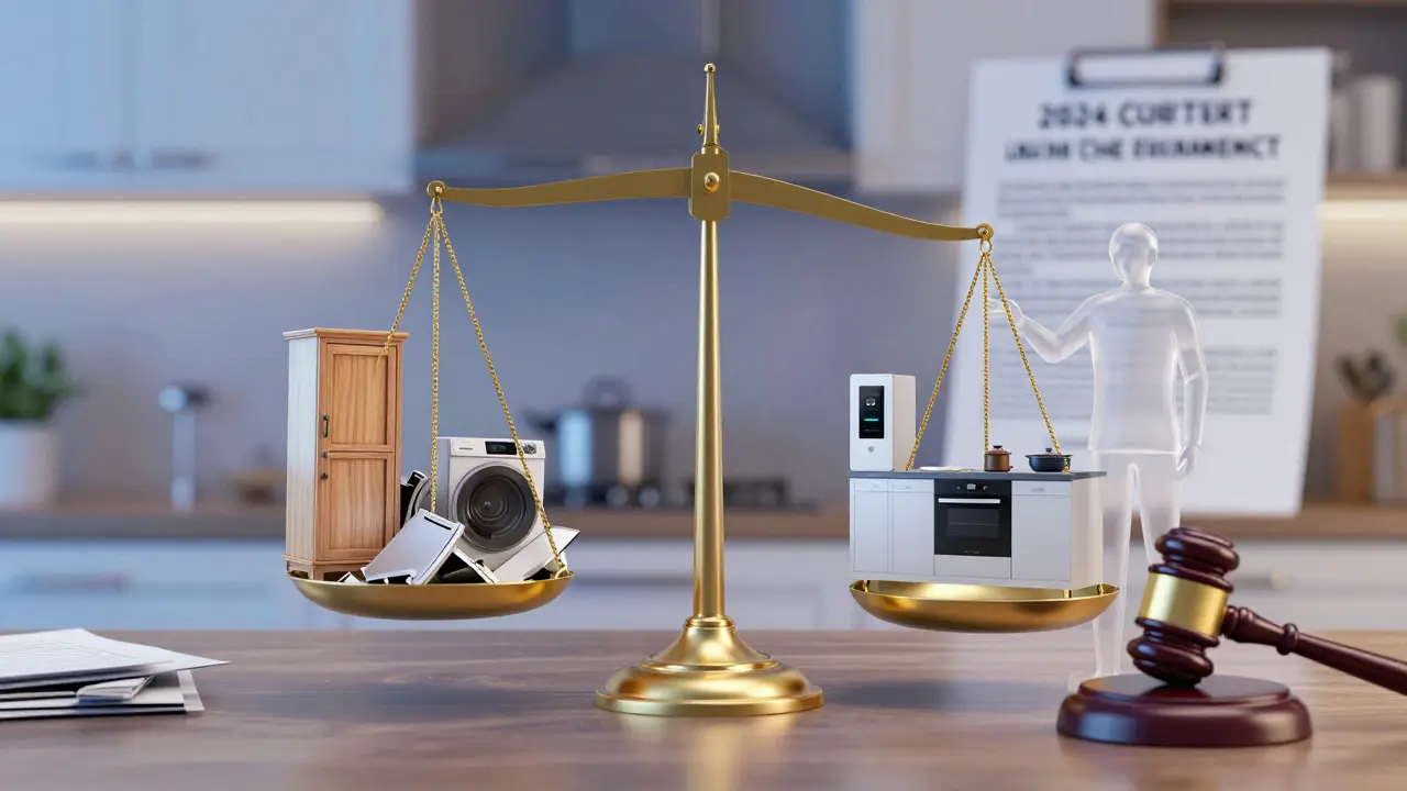 Waage zeigt Last der Küche zwischen veralteter Ausstattung und moderner, energieeffizienter Lösung mit Rechtssymbol.