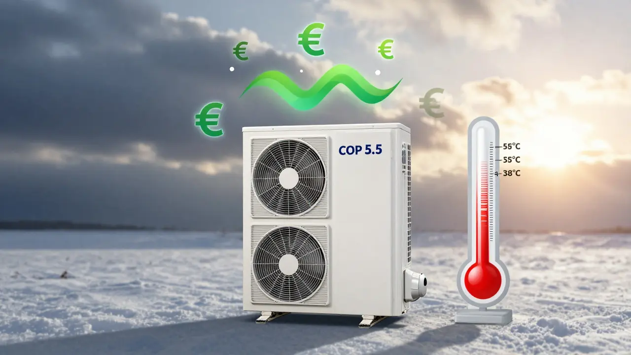 Wärmepumpe mit hoher Effizienz, sinkender Temperaturanzeige und Energieeinspar-Symbolen in einem sonnigen Hintergrund.