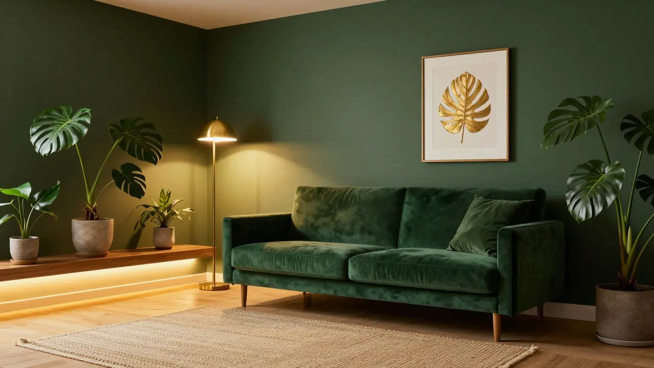 Wohnzimmer in Dunkelgrün gestalten: Edle Akzente mit tiefen Farbtönen