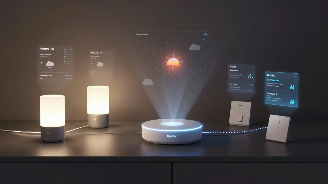 Zentrale Smart-Home-Hub-Verbindung mit Lichtnetz, Wetterdaten und KI-Vorschlägen, moderne Technik in abstrakter Darstellung.