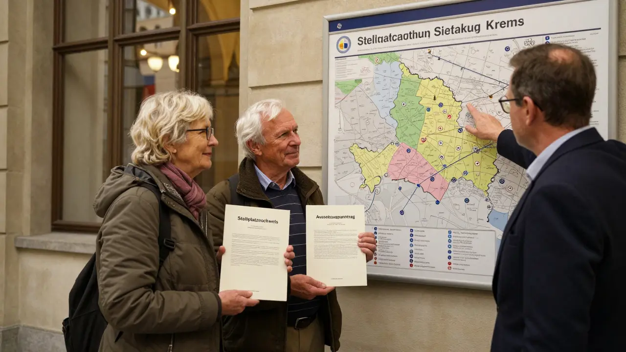 A couple submitting a parking exemption application at city hall, with a regional map showing differing parking rules across Austrian towns.