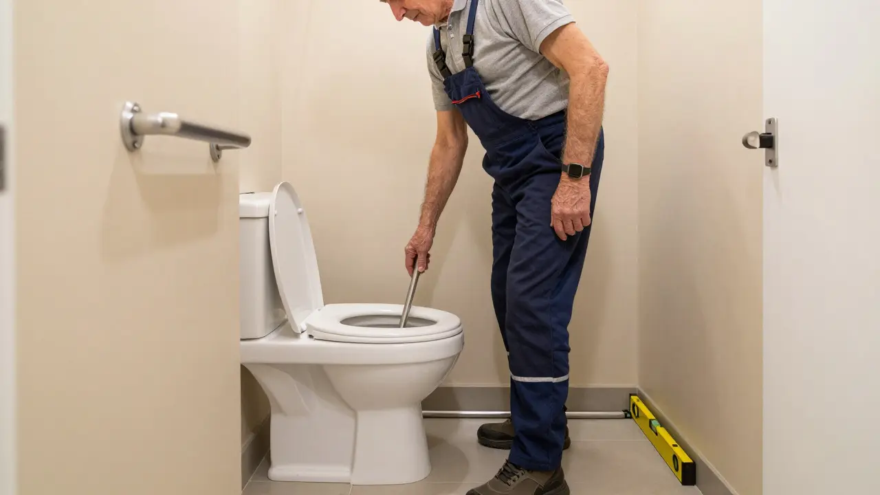 Älterer Mensch betritt eine barrierefreie Dusche, während ein Installateur die Ablaufrinne prüft.