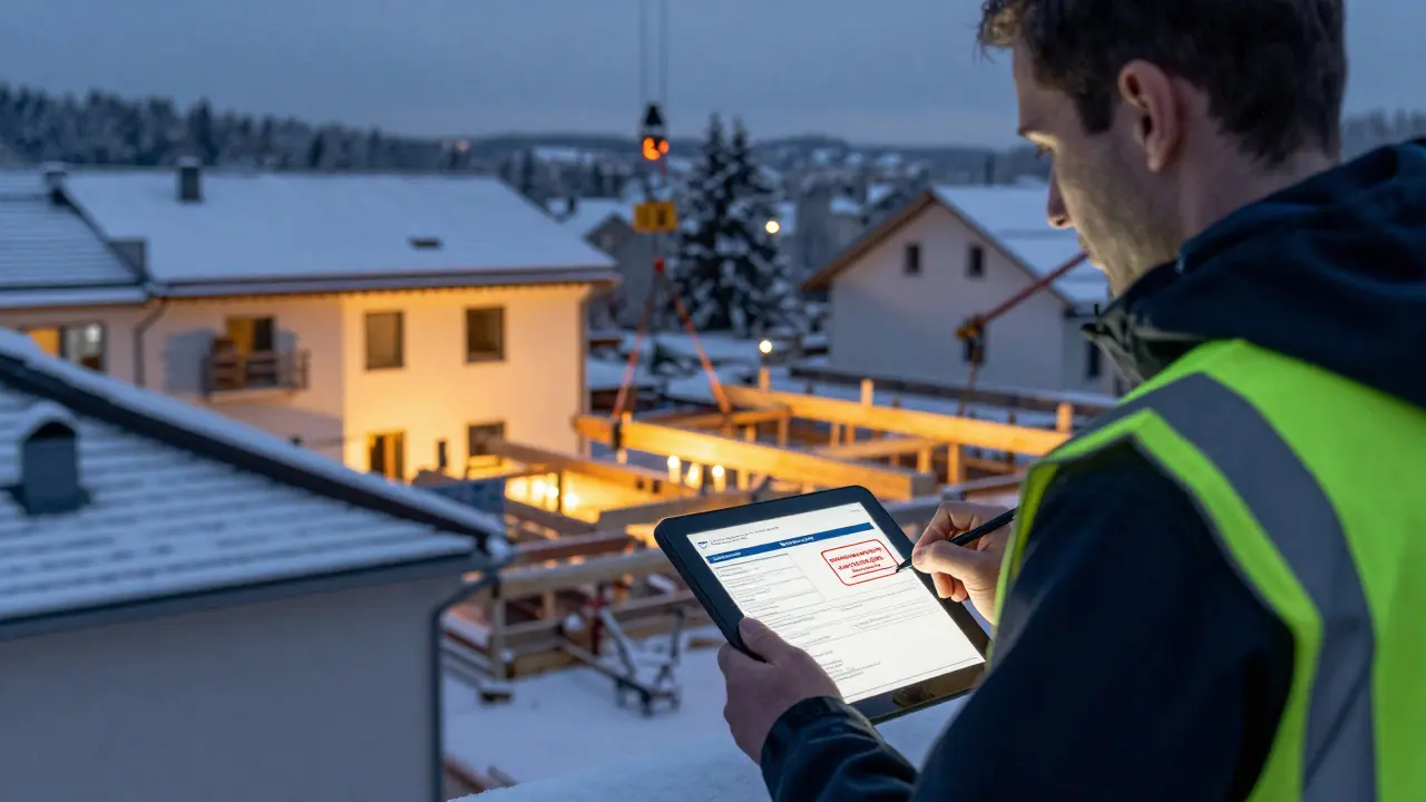 Bauinspecteur prüft einen digitalen Baugenehmigungsantrag bei Abendlicht, Kran hebt neue Dachbalken hoch.