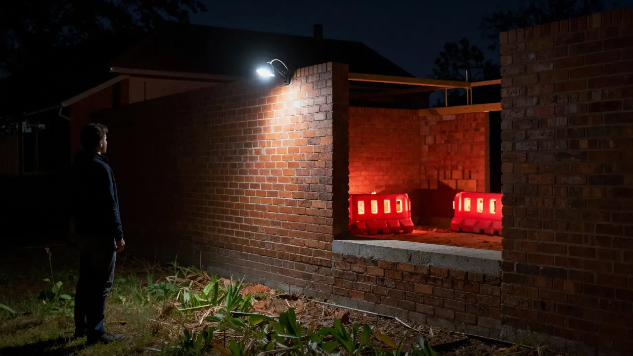 Bauwand an der Grundstücksgrenze mit brandschutztechnischer Einlage bei Nacht.