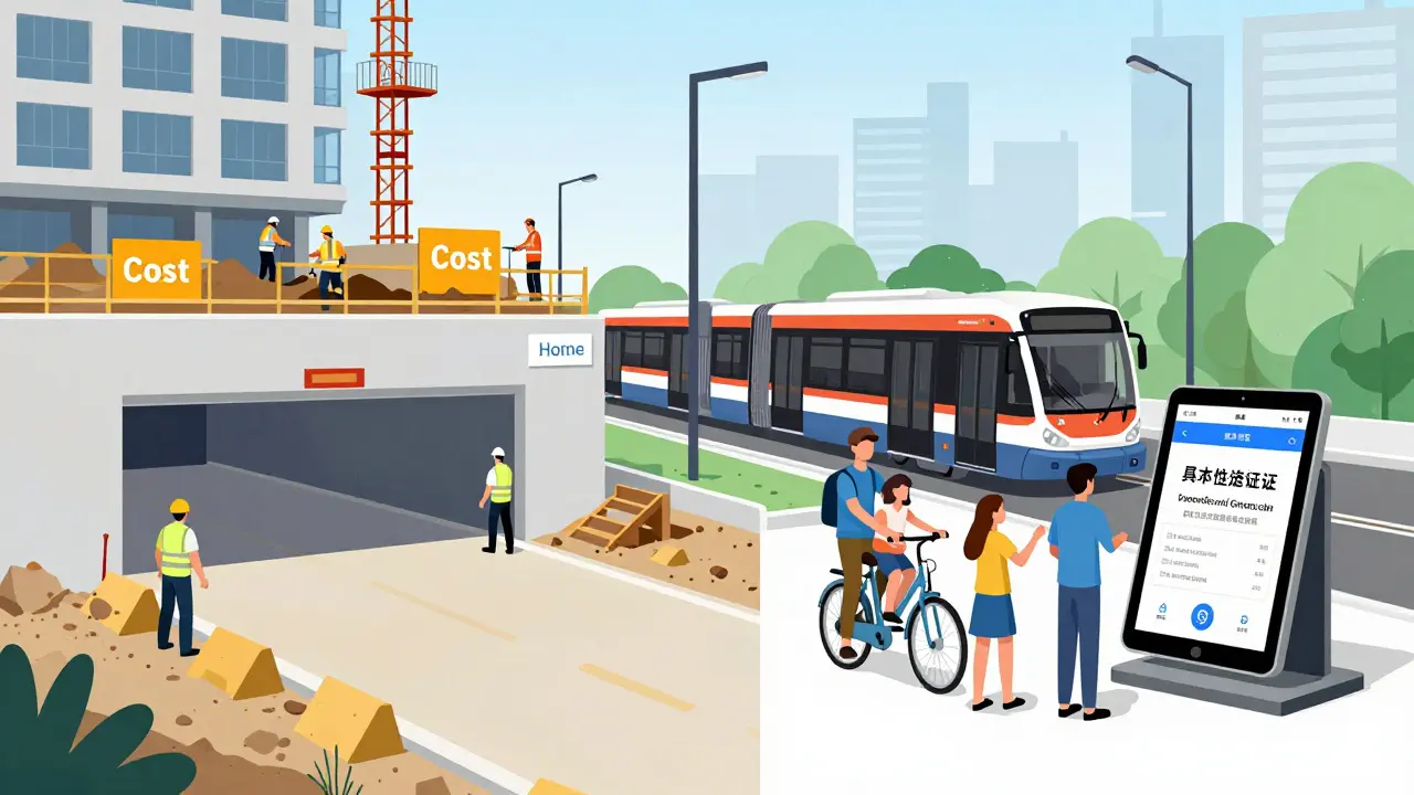 Contrasting scenes of costly underground garage construction versus sustainable mobility options like public transit and car-sharing.