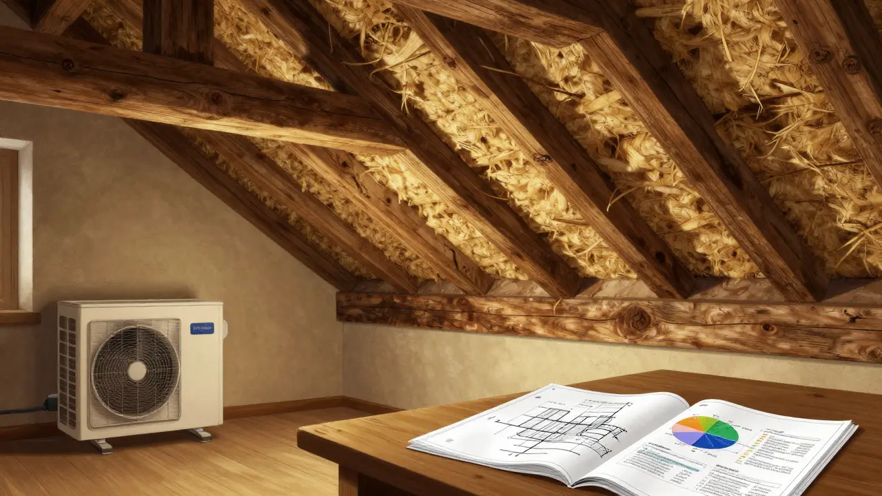 Dachgeschoss mit erhaltenen Holzbalken und natürlicher Dämmung aus Holzfaser und Lehm zwischen den Trägern.