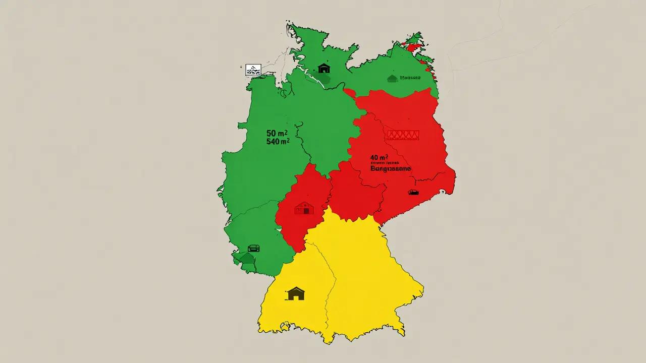 Deutschland-Karte mit farblich gekennzeichneten Bundesländern und deren Grenzbauregeln.