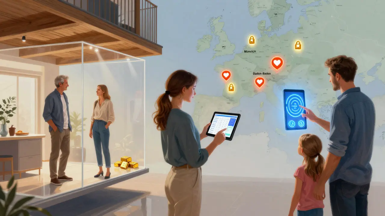 Drei Käufergruppen vor einer Luxusimmobilie: deutsche Privatperson, Schweizer Investor und skandinavische Familie.