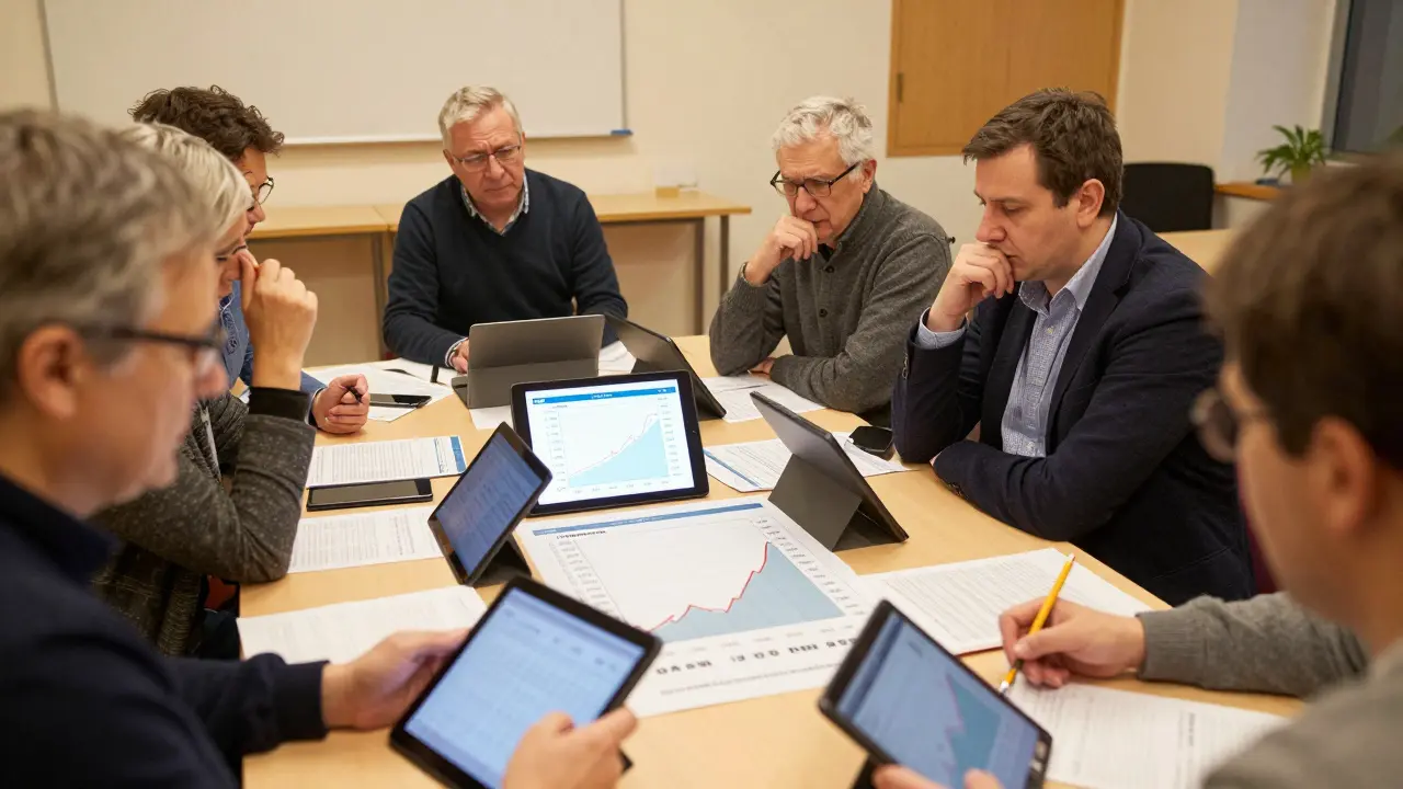 Eigentümer in einer Versammlung, die eine digitale Kostenprognose mit einem plötzlichen Anstieg der Sonderumlage besprechen.