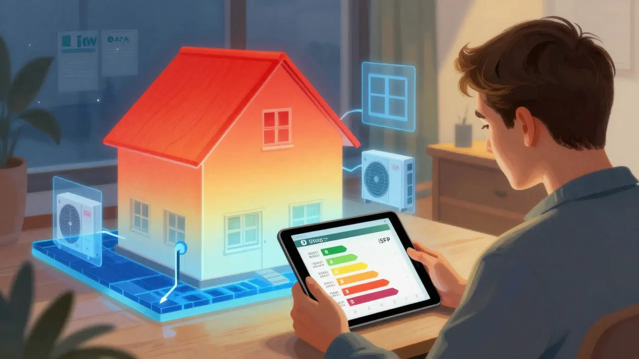 Ein Hausbesitzer studiert einen digitalen Sanierungsfahrplan mit visualisierten Energieeinsparungen.