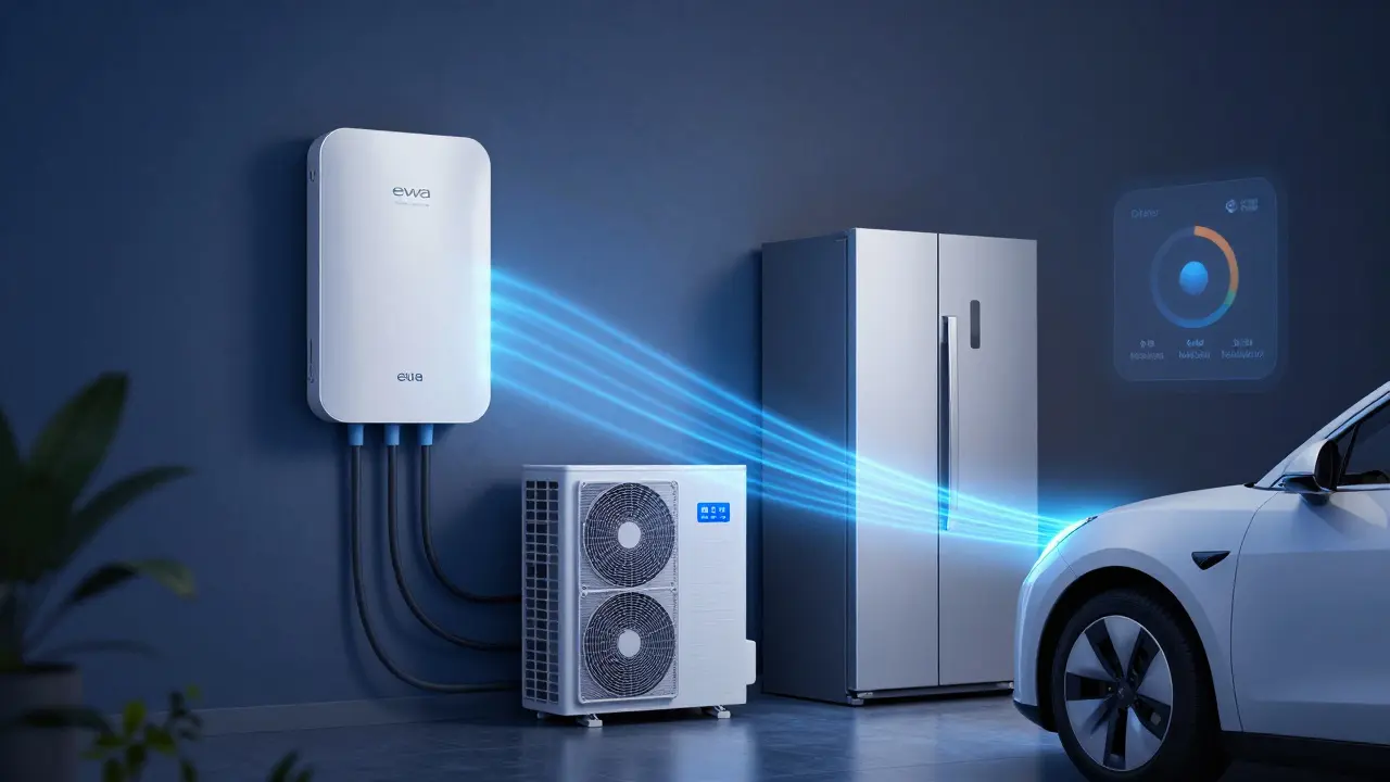 Eine intelligente Wallbox verteilt dynamisch Strom zwischen Haushaltsgeräten und Elektroauto, wobei Energieflüsse visuell als blaue Linien dargestellt sind.