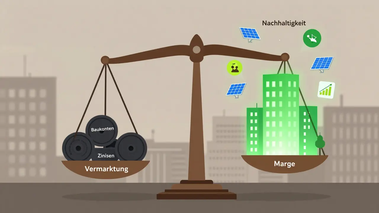 Eine Waage vergleicht hohe Kosten mit nachhaltigem Bau, der die Marge erhöht und Leerstand reduziert.