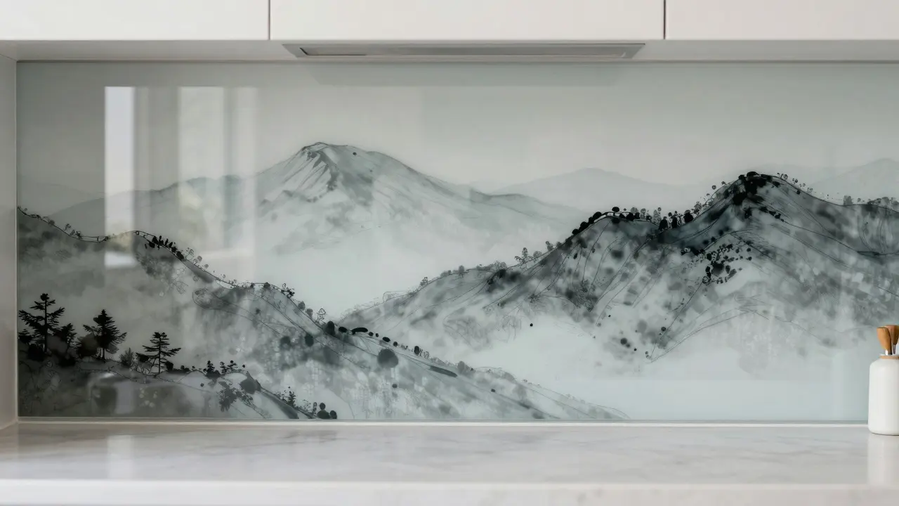 Glasrückwand mit digitalem Landschaftsmotiv