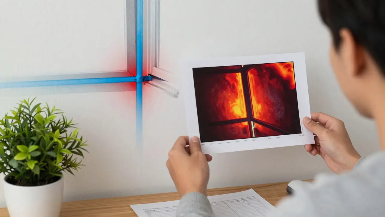 Hausbesitzer hält ein Thermogramm, das Wärmeverluste an Fenstern und Balkon zeigt, neben der tatsächlichen Wand mit unsichtbaren Problemen.