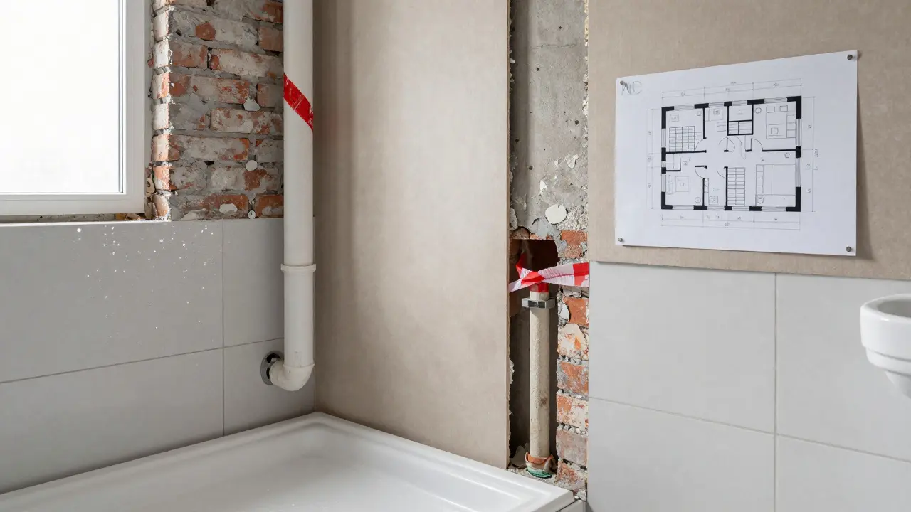 Montage von feuchtigkeitsbeständigen Gipskartonplatten an unebenen Ziegelwänden mit Asbest-Warnband.