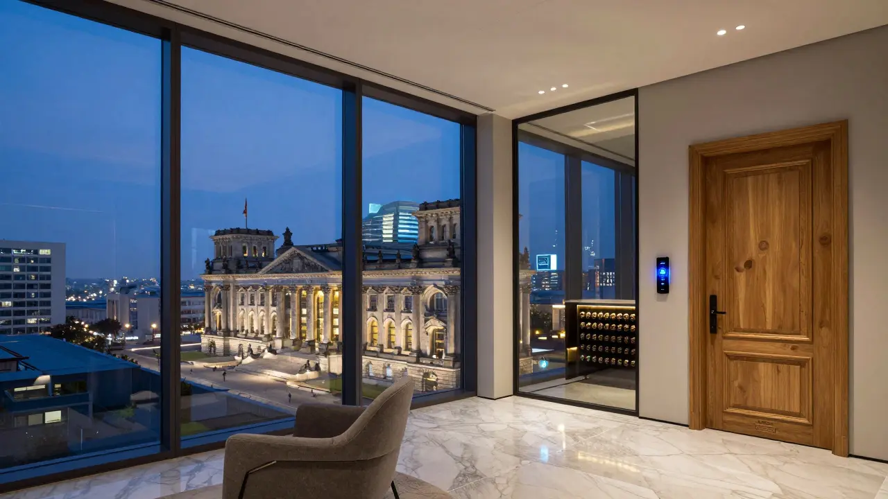 Penthouse in Berlin-Mitte mit Blick auf den Reichstag, smart-home-Technik und Panoramafenster bei Dämmerung.