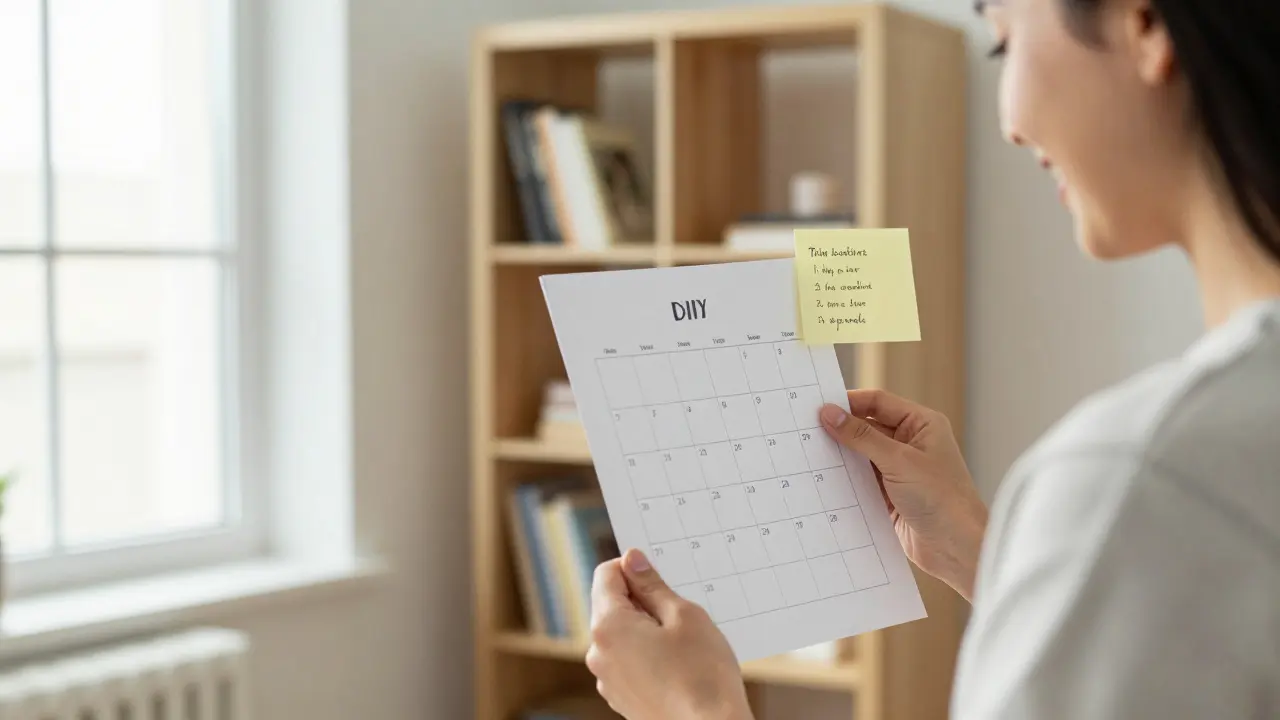 Person checkt einen einfachen Kalender mit täglichen 2-Stunden-Blöcken für ein DIY-Projekt, daneben ein Zettel mit Aufgabenliste.