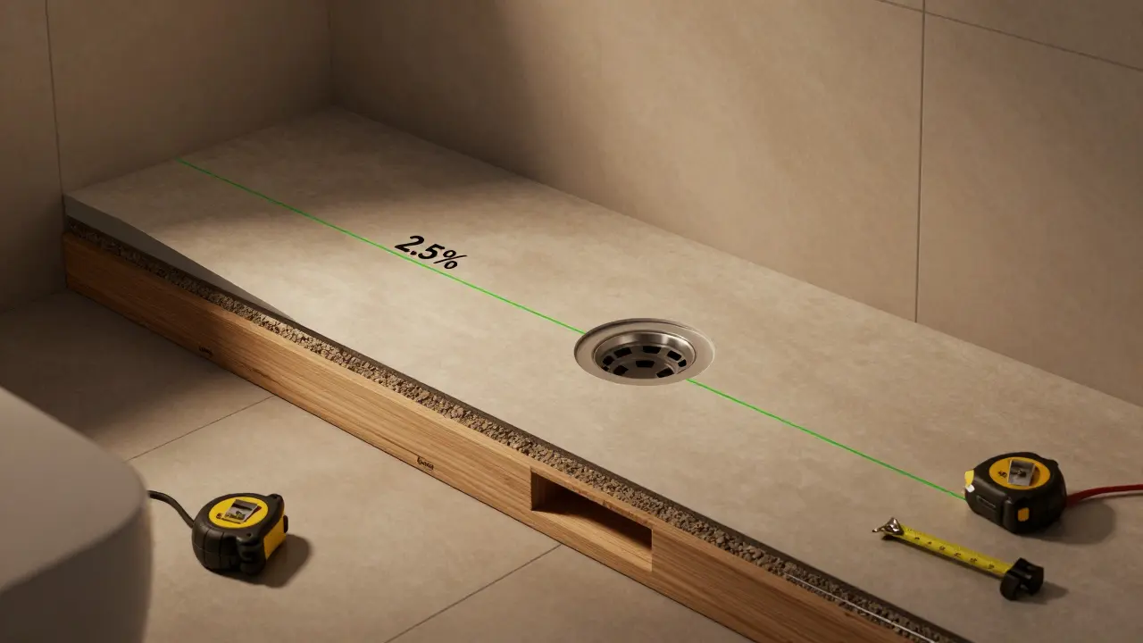 Querschnitt eines Badezimmerbodens mit präzisem 2,5% Gefälle zur zentralen Duschabflussöffnung.