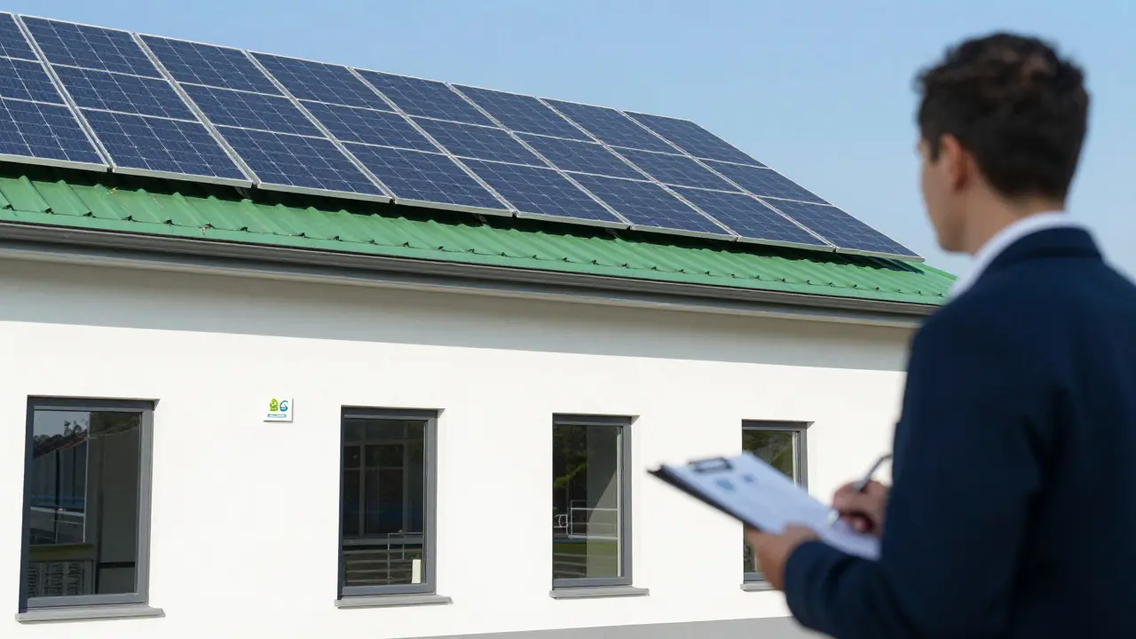 Saniertes Gebäude mit Solaranlagen und EU-Kompliance