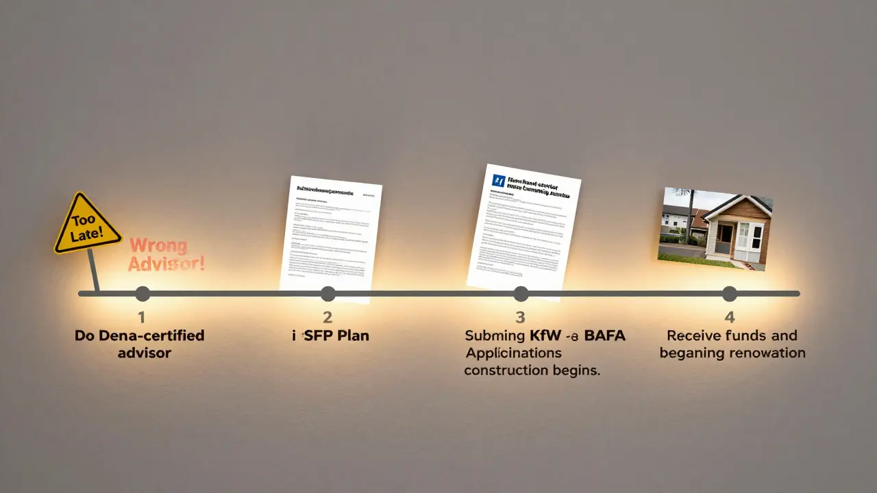 Schritt-für-Schritt-Journey eines Sanierungsprozesses mit Warnhinweisen und Förderung.