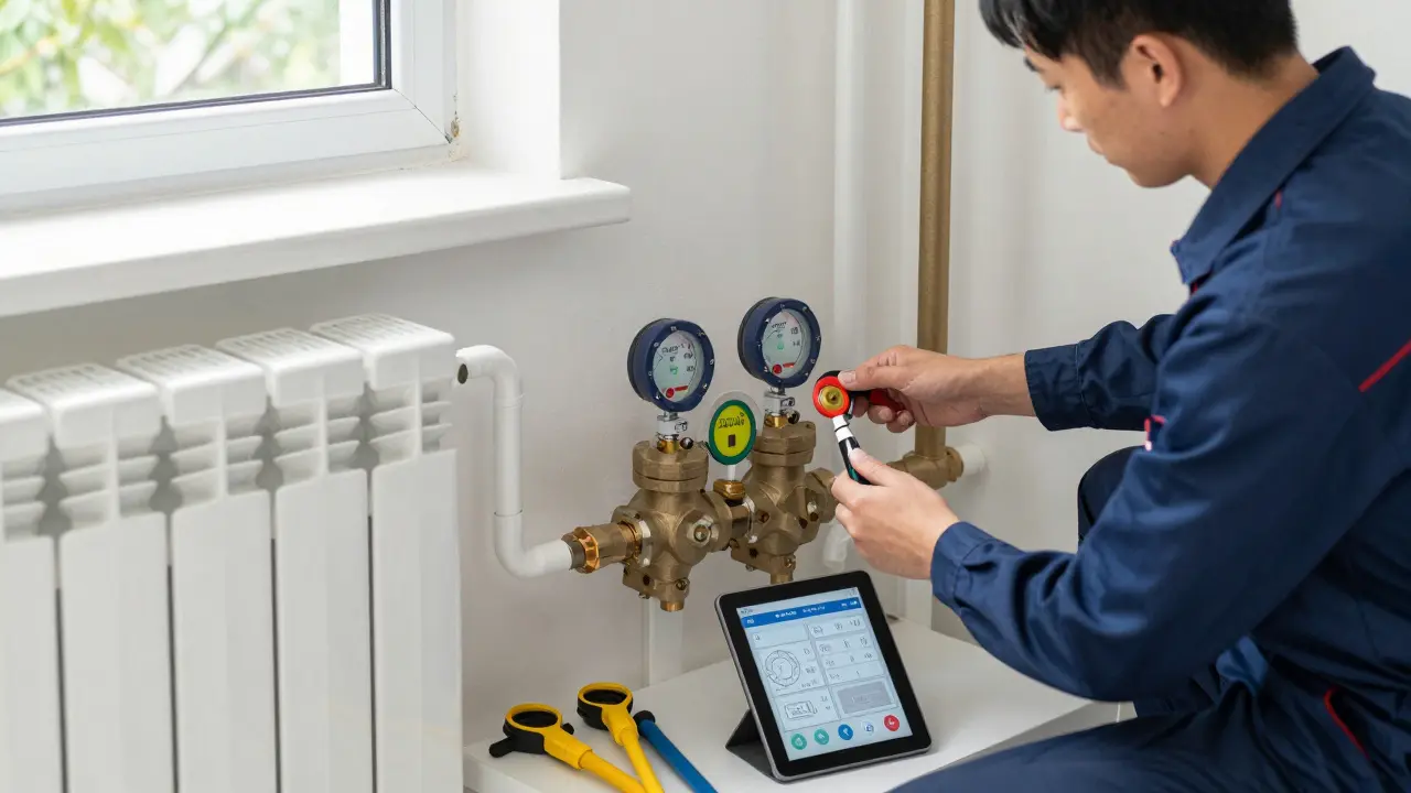 Techniker führt hydraulischen Abgleich an Heizungsrohren und Heizkörpern durch.