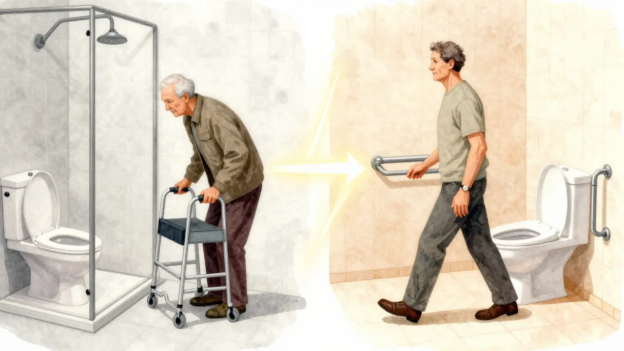 Vergleich zweier Badezimmer: traditionell mit Stolpergefahr und barrierefrei mit Sicherheit und Selbstbestimmung.