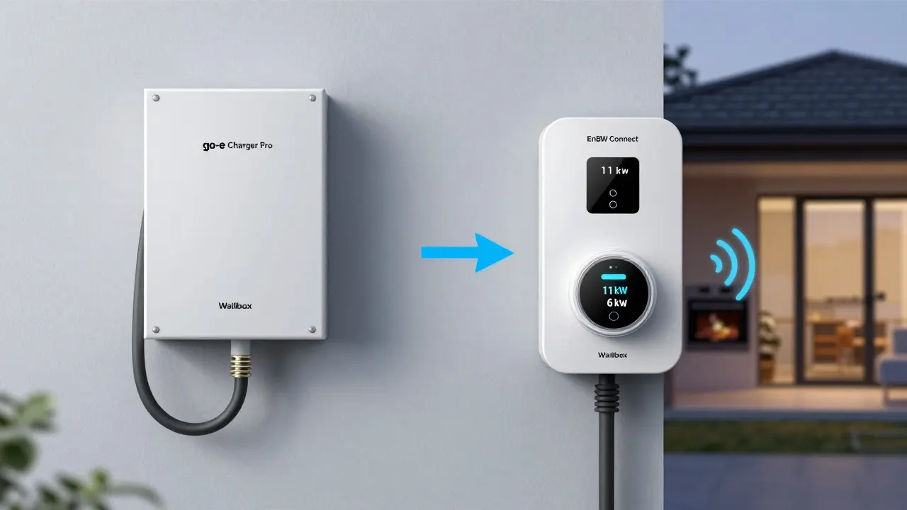 Vergleich zweier Lastmanagement-Systeme: eine Wallbox mit externem Zähler und eine mit integriertem Sensor, die den Gesamtstromverbrauch des Hauses überwachen.