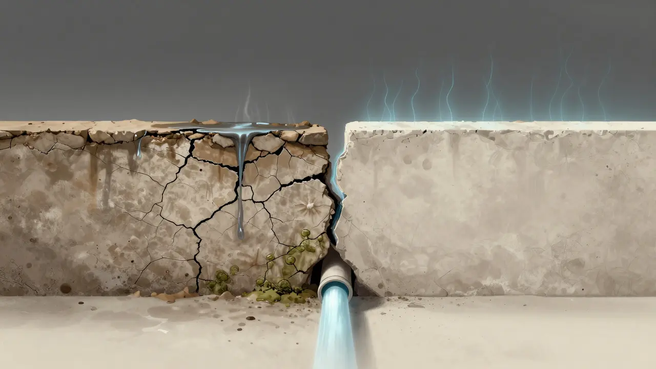 Vergleichsdarstellung einer feuchten und einer nach gemeinsamer Sanierung trockenen Kellerwand mit elektrischer Feuchtigkeitsabwehr.