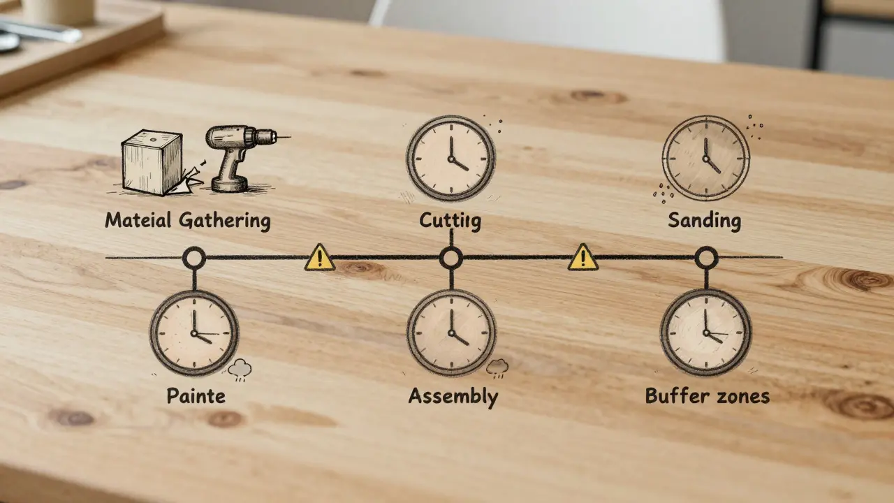 Visuelle Zeitlinie mit sechs Projektetappen und Pufferzonen, gezeichnet auf Holz, mit Symbolen für unerwartete Probleme.