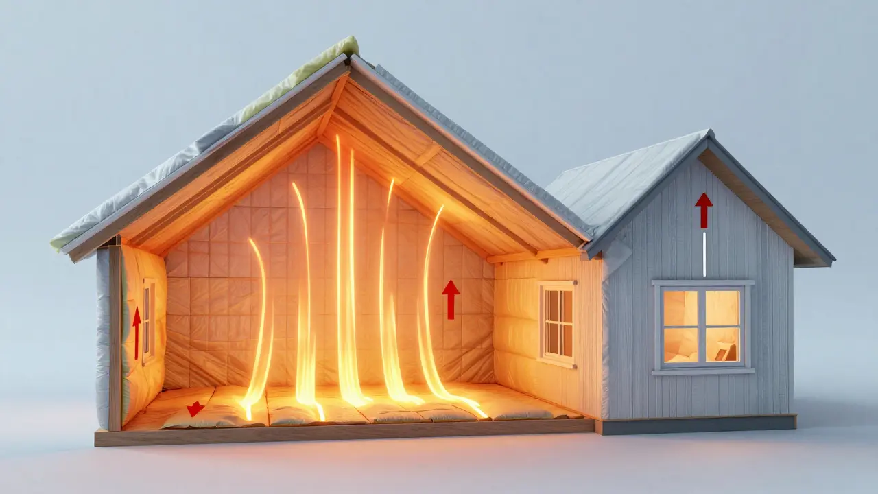 Vogelperspektive eines Hauses mit thermischer Dämmung, die Wärmeverluste reduziert.