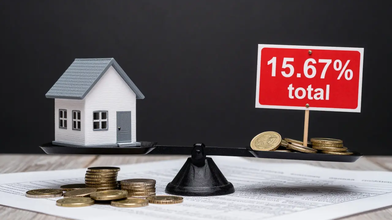 Waage mit Immobilienpreis und Nebenkosten aus Deutschland, Österreich und Spanien, Spanien überwiegt.