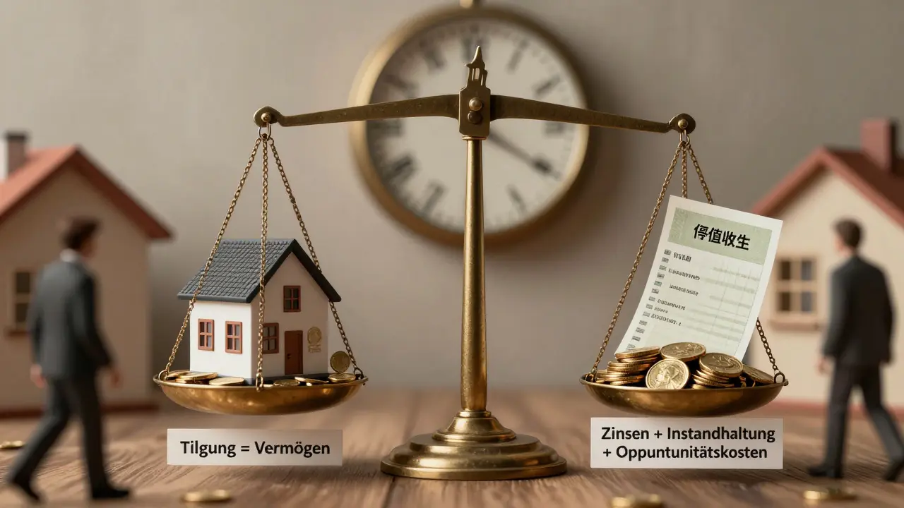 Waage zeigt Kosten des Kaufs gegenüber Vermögensaufbau durch Tilgung.