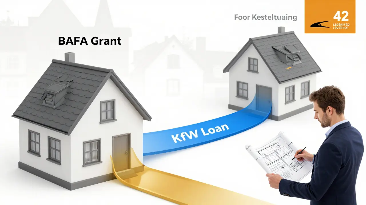 Zwei Förderströme aus BAFA und KfW unterstützen energetische Sanierungsmaßnahmen am Haus.