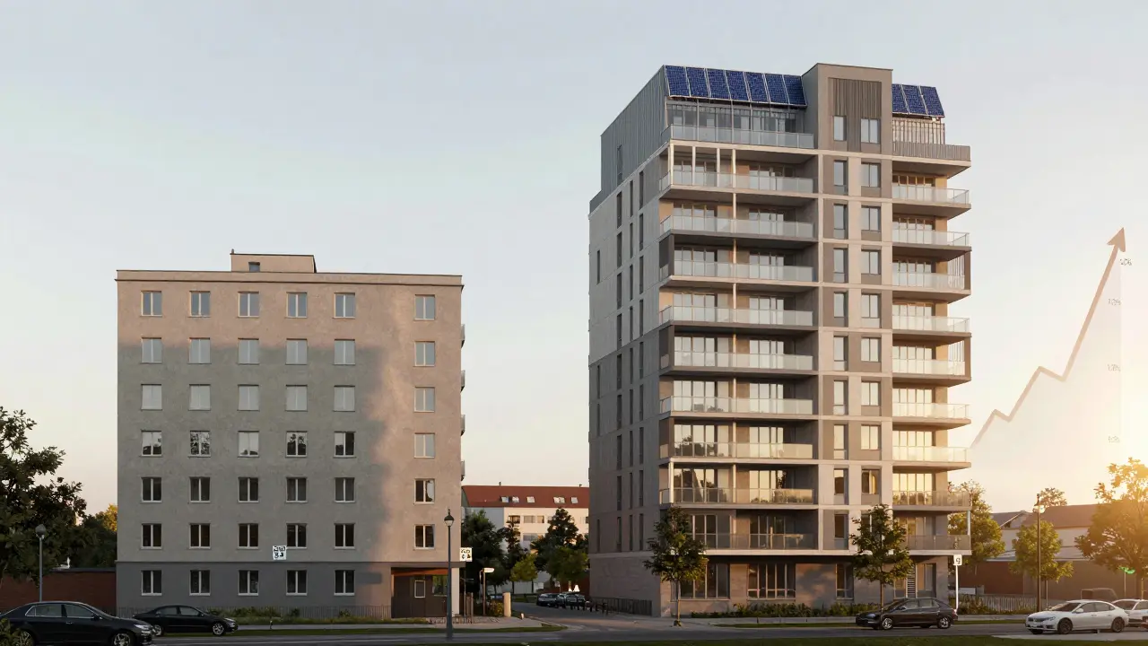 Zwei Gebäude auf einem Grundstück: links mit niedriger Ausnutzung, rechts mit erhöhter GRZ und moderner Nachhaltigkeit.