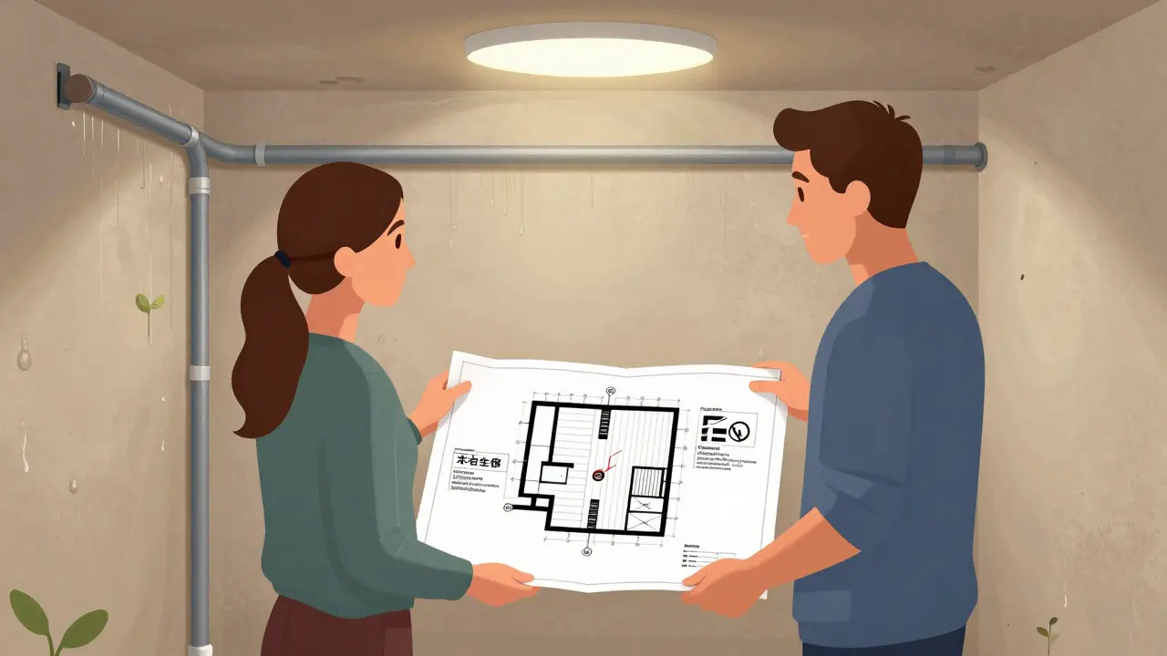 Zwei Hausbesitzer betrachten gemeinsam einen Sanierungsplan für ihre Keller, mit Diagrammen zur elektrophysikalischen Entfeuchtung.