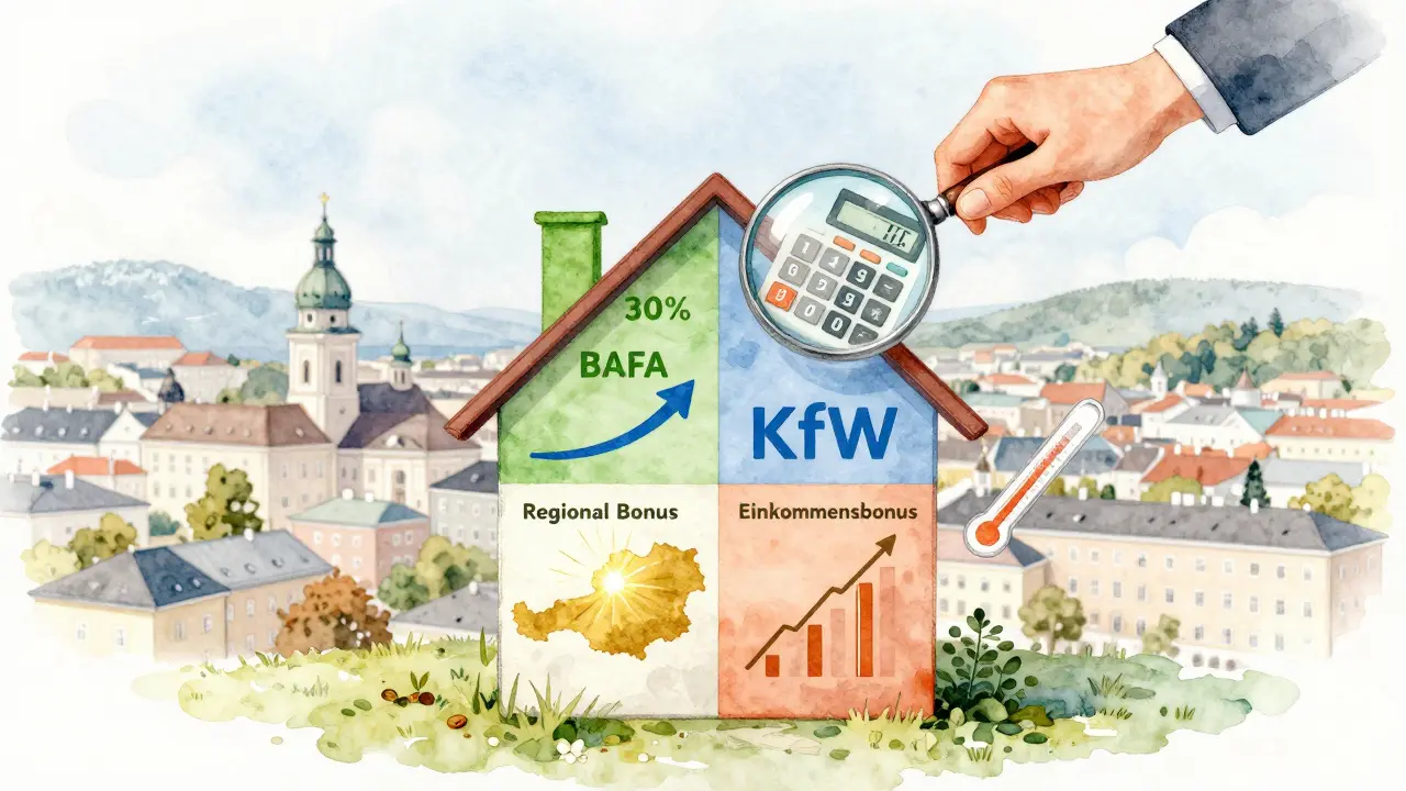 A house divided into financial zones showing BAFA, KfW, regional bonus, and income bonus as symbolic elements.
