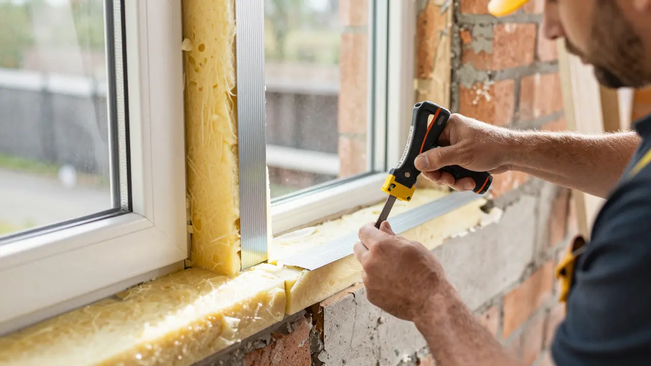Arbeiter montiert Dichtbänder am Rahmen während der Fassadensanierung.