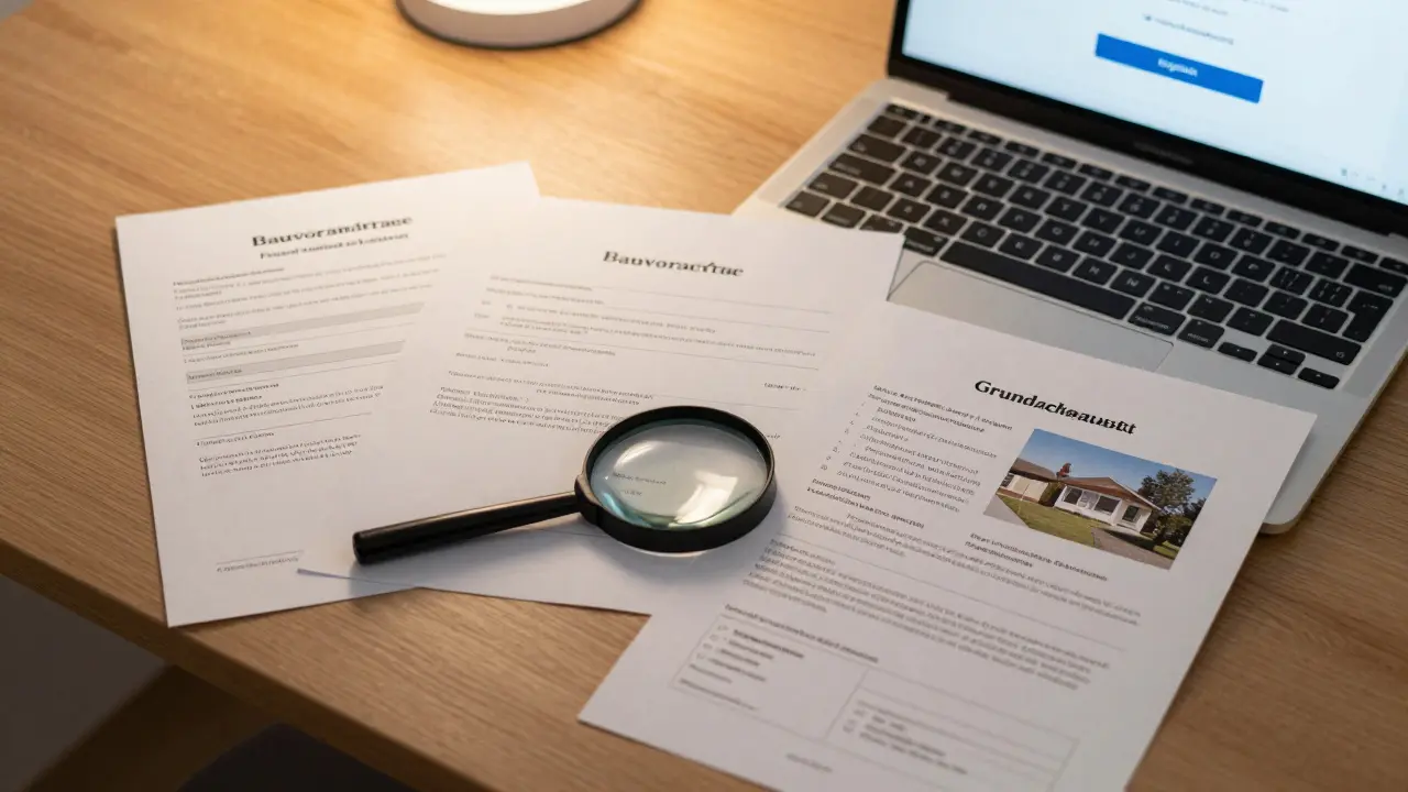 Aufgeräumter Schreibtisch mit den wichtigsten Unterlagen für eine Bauvoranfrage: Lageplan, Grundbuchauszug und Nachbargenehmigungen.