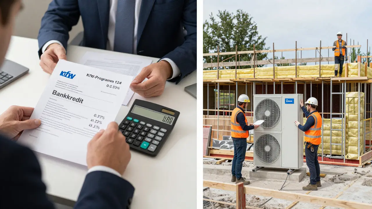Bankberater vergleicht KfW- und Bankkredit-Zinsen neben Baustelle mit Wärmepumpe