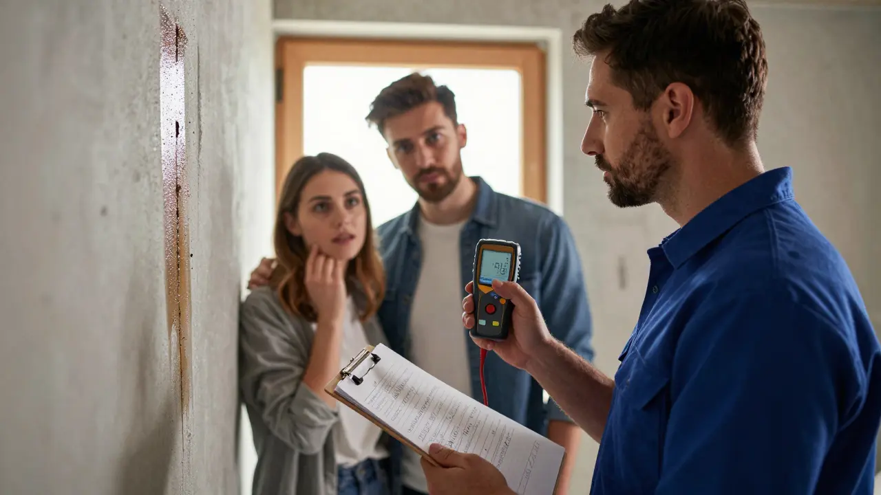 Bausachverständiger misst Feuchtigkeit im Keller eines alten Hauses, Paar beobachtet besorgt.