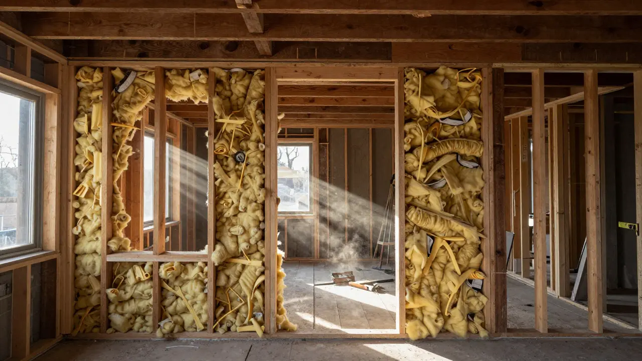 Baustellenansicht einer Wandöffnung mit sichtbarer Dämmung und Balken