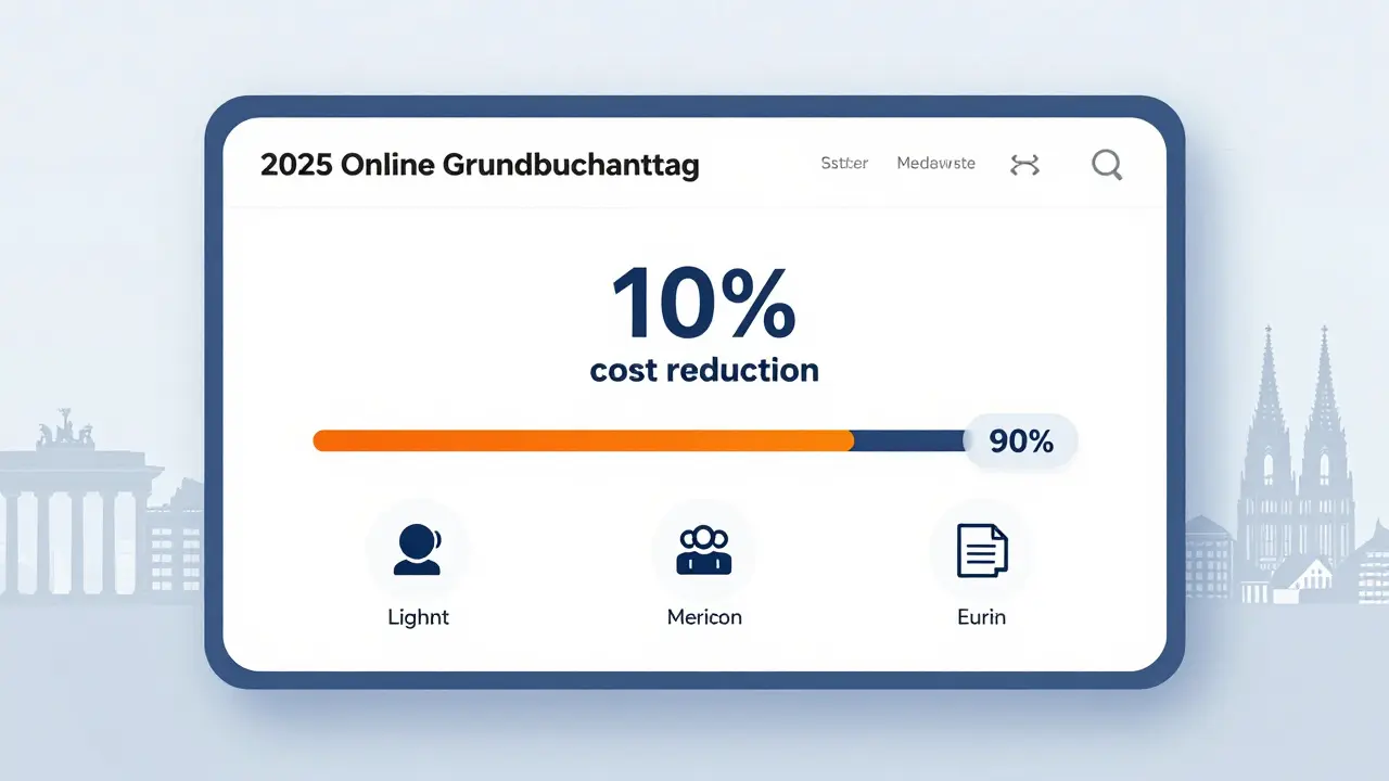 Digital screen displaying online land registry application with 10% cost reduction indicator.